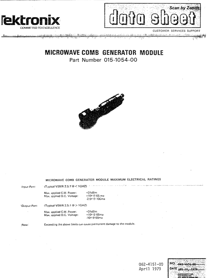 First page preview for Tektronix 015-1054-00 Microwave Comp Gen Datasheet