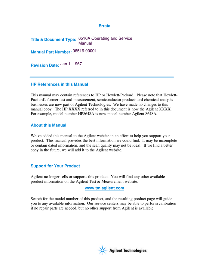 First page preview for 6516A Operating and Service Manual