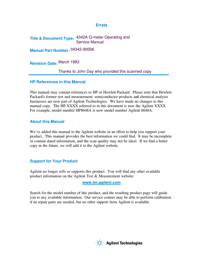 First page preview for 4342A Q-meter Operating and Service Manual