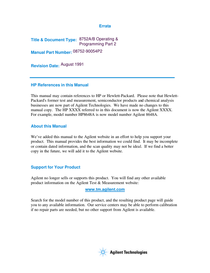 First page preview for HP 8752A/B Network Analyzer Operating and Programming Manual Part 2