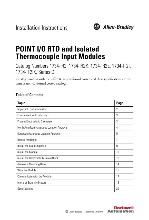 First page preview for POINT I/O RTD and Isolated Thermocouple Input Modules Installation Instructions