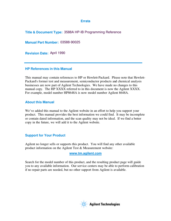 First page preview for 3588A HP-IB Programming Reference