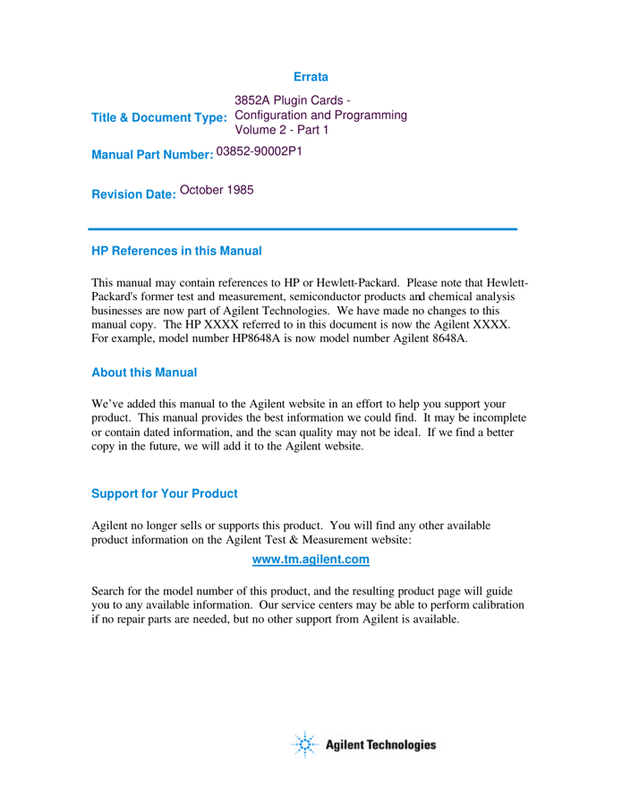 First page preview for HP 3852A User Manual