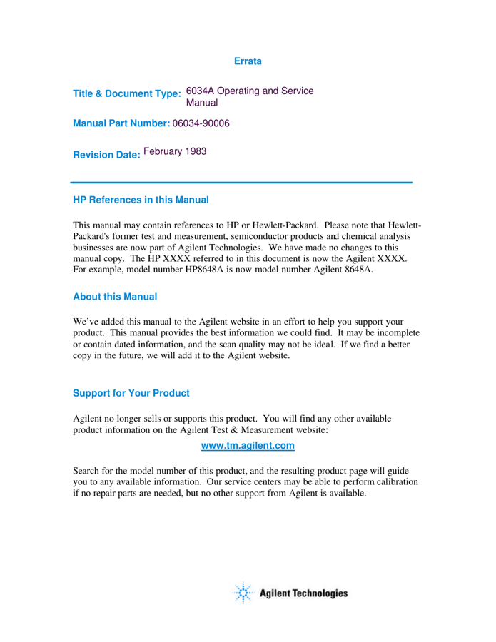First page preview for 6034A Operating and Service Manual