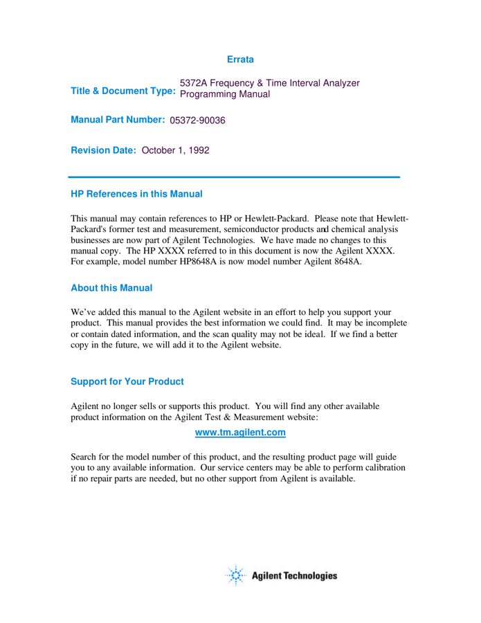 First page preview for 5372A Frequency & Time Interval Analyzer Programming Manual