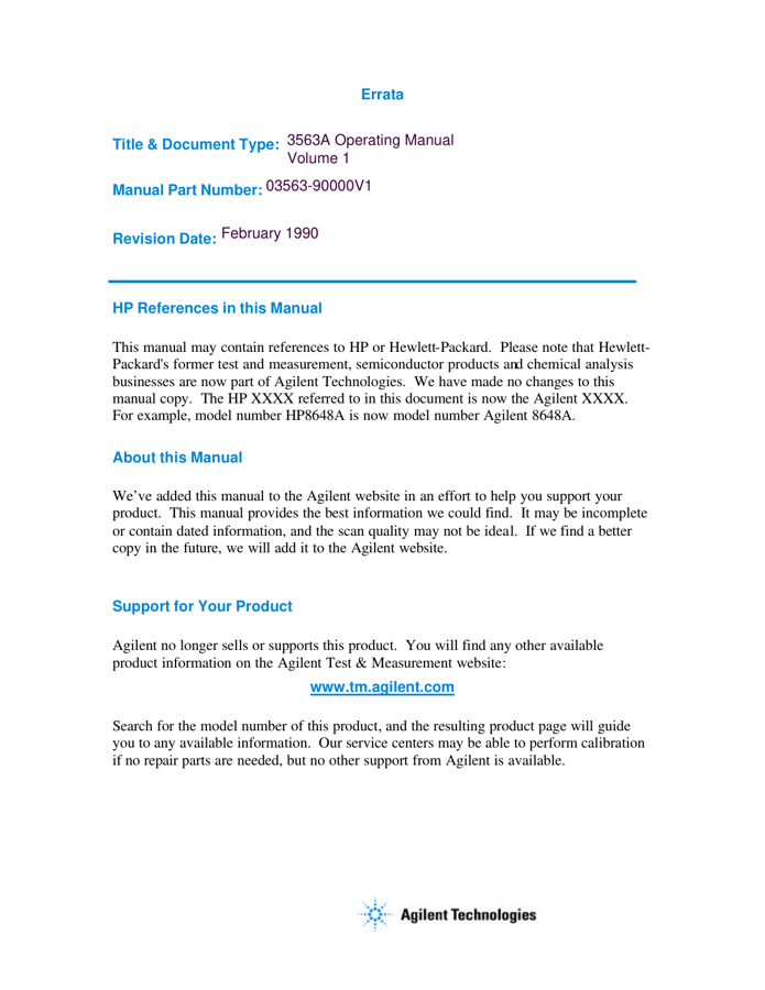 First page preview for 3563A Operating Manual Volume 1