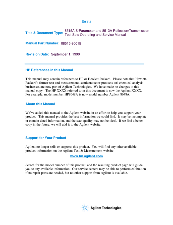 First page preview for HP 8515A S-Parameter and HP 8513A Reflection/Transmission Test Sets Operating and Service Manual