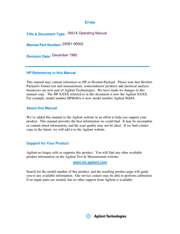 First page preview for 3561A Operating Manual