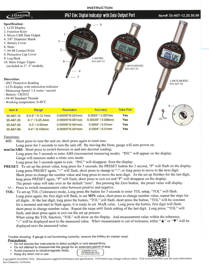 First page preview for iGAGING 35-A67 Digital Indicator User Manual