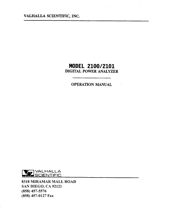 First page preview for Valhalla Scientific 2100/2101 Digital Power Analyzer Operation Manual