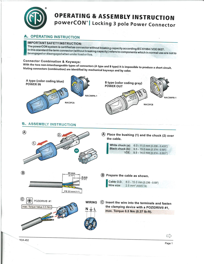 First page preview for Neutrik powerCON Locking 3 Pole Power Connector Operating and Assembly Instructions