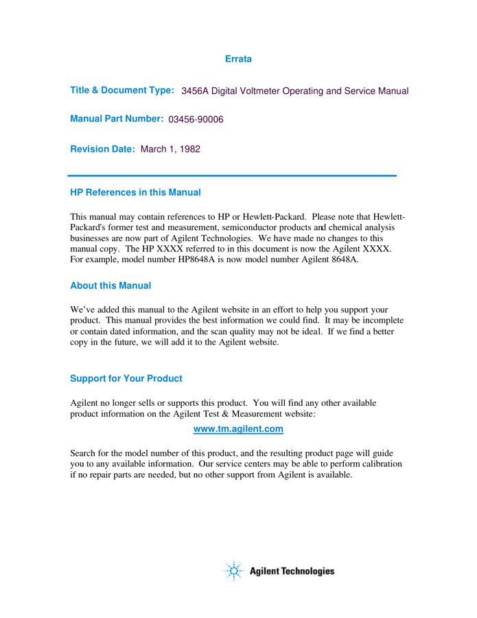 First page preview for 3456A Digital Voltmeter Operating and Service Manual