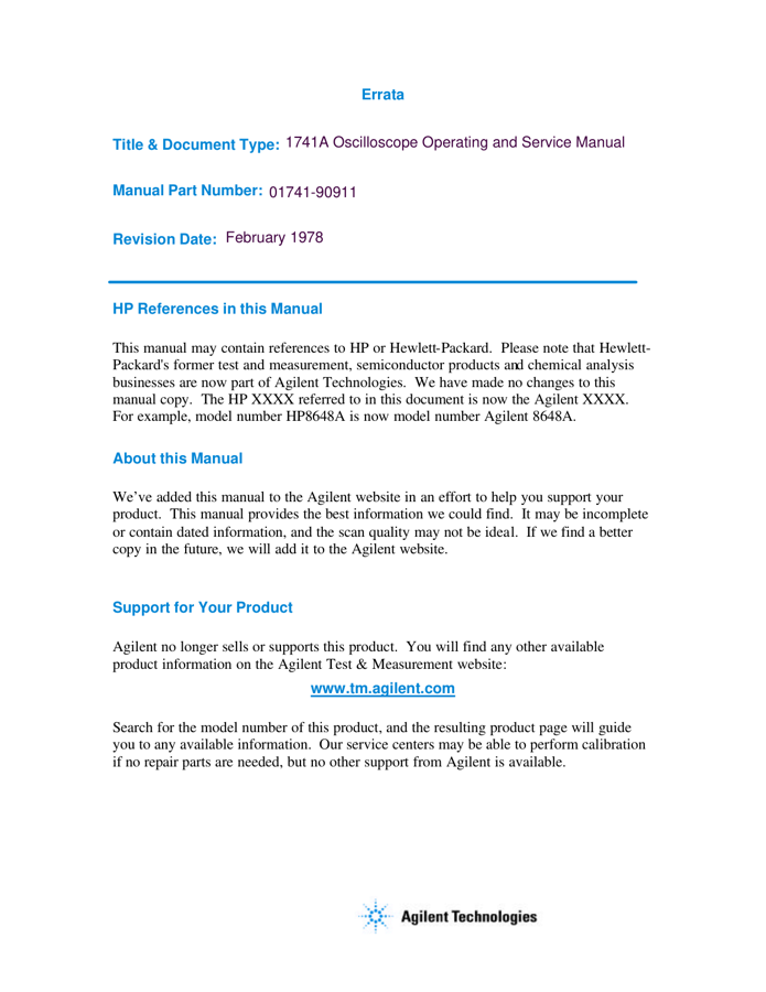 First page preview for 1741A Oscilloscope Operating and Service Manual