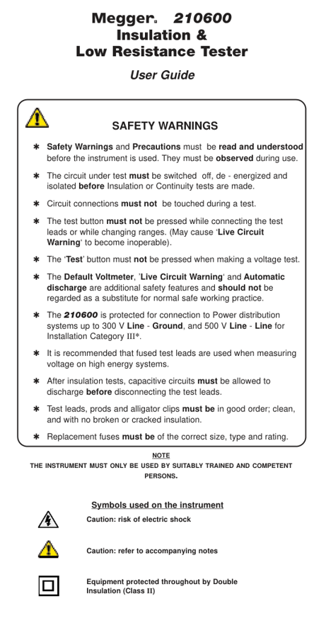 First page preview for Megger 210600 Insulation & Low Resistance Tester User Guide