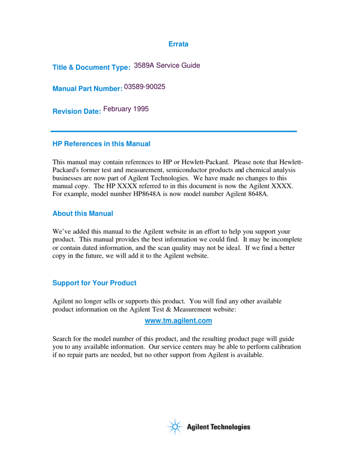 First page preview for 3589A Service Guide