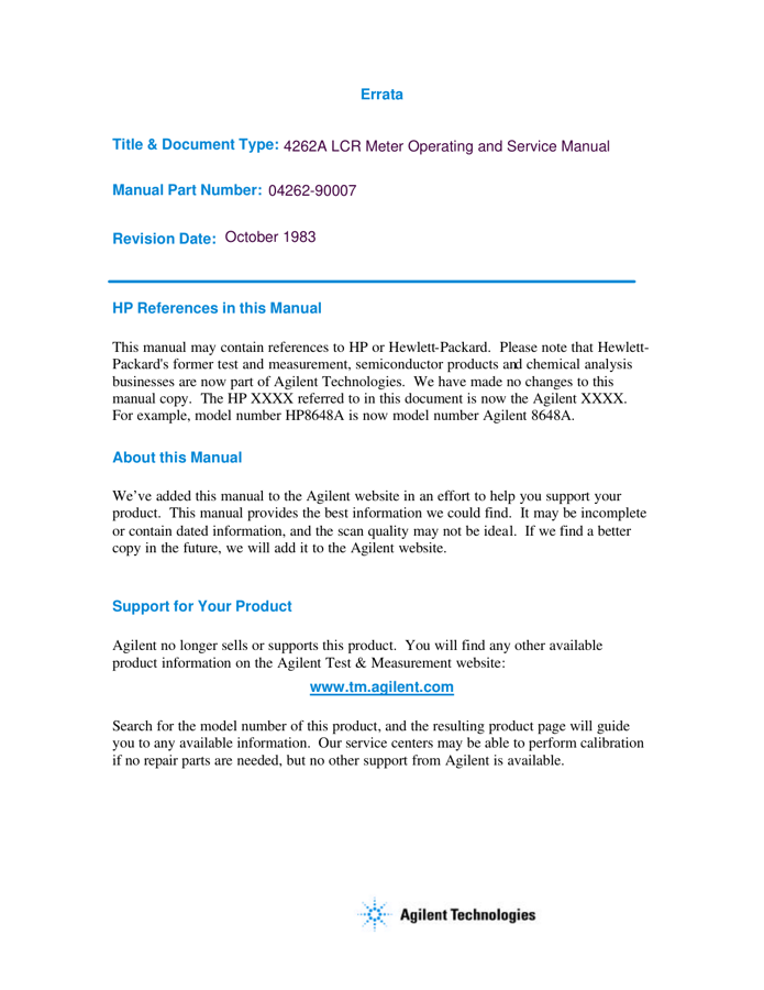 First page preview for 4262A LCR Meter Operating and Service Manual
