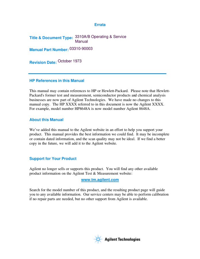 First page preview for Hewlett-Packard Model 3310A/3310B Function Generator Operating and Service Manual