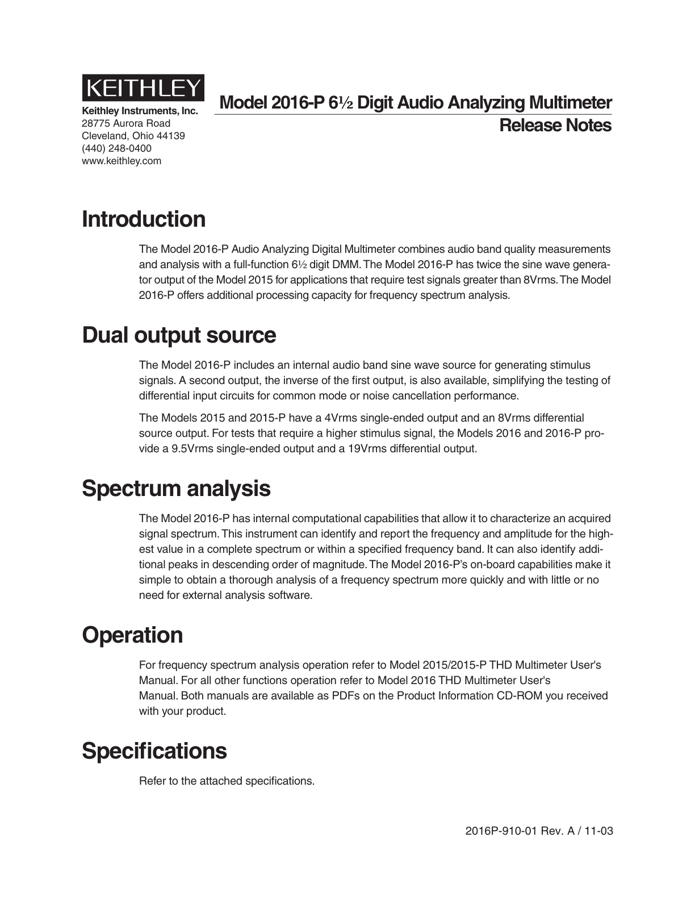First page preview for Keithley 2016-P Audio Analyzing Digital Multimeter Specifications